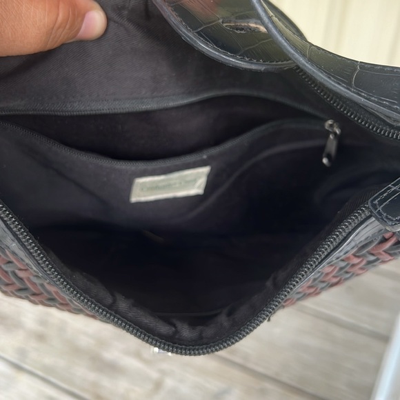 Coldwater Creek Black Brown Woven Hobo Shoulder Bag Faux Croc Trim - Picture 7 of 10